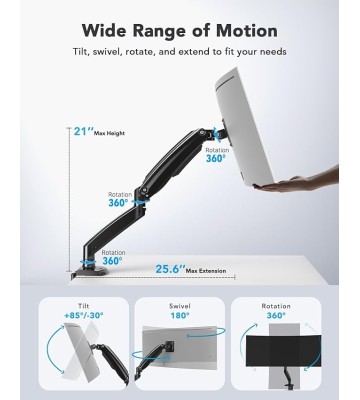 Single Monitor Arm Holds 26.48 lbs, Ultrawide Computer Monitor Stand for 35 inch Screens, Upgraded Adjustable Monitor Mount with USB, C-Clamp & Grommet Base, VESA 75x75 or 100x100mm