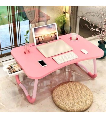 Laptop Bed Table, Foldable Laptop Desk Bed Tray with Storage Drawer, Lap Desk TV Tray for Breakfast Serving, Notebook Stand Reading Holder with Phone Slot and Cup Holder for Sofa Couch Floor-Pink