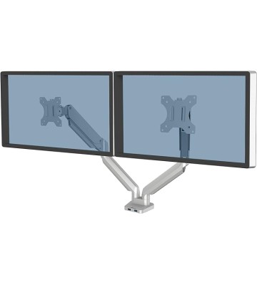 Platinum Series Dual Monitor Arm for 32-Inch Monitors, Full Motion, 360° Rotation, VESA Mount with Grommet or Clamp, USB Ports, Ergonomic, Silver, 8056501