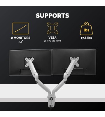 Platinum Series Dual Monitor Arm for 32-Inch Monitors, Full Motion, 360° Rotation, VESA Mount with Grommet or Clamp, USB Ports, Ergonomic, Silver, 8056501