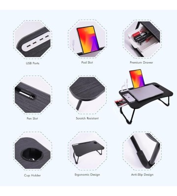 Foldable Laptop Table, Portable Bed Desk Tray, Lap Desk with USB Ports, Pad & Cup Holder, Drawer - Laptop Stand