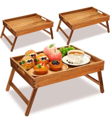 3 Pcs Acacia Bed Table Tray 11.5" Height Laptop Wooden Breakfast Tray Serving Floor Desk with Folding Legs and Handles TV Trays for Eating on Couch Sitting on The Floor for Bedroom Kids