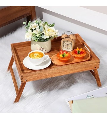 3 Pcs Acacia Bed Table Tray 11.5" Height Laptop Wooden Breakfast Tray Serving Floor Desk with Folding Legs and Handles TV Trays for Eating on Couch Sitting on The Floor for Bedroom Kids