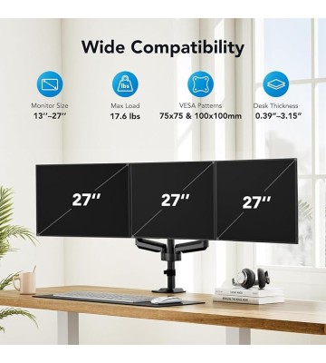 Triple Monitor Mount for 13-27 inch Computer Screens, Triple Monitor Stand with Gas Springcore Arm Holds 17.6lbs, 3 Monitor Stand Desk Mount with Tilt, Swivel, Rotation, VESA 75x75, 100x100mm