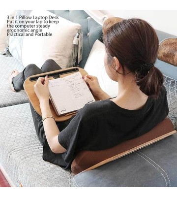 3-in-1 Timber Lap Desk with Cushion, Portable Ergonomic Laptop Stand for Bed, Sofa, and Car, Multifunctional Pillow Table for Work or Travel